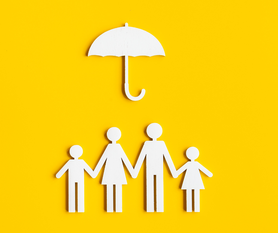 animation of a stick figure family under an umbrella icon, representing umbrella insurance.